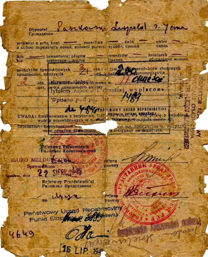 KKE 5930a.jpg - Dok. Rewers Karty ewakuacyjnej rodziny Leopolda Kleofas Paszkowskiego, Łuck, 3 VII 1943 r. do 22 VIII 1945 r.